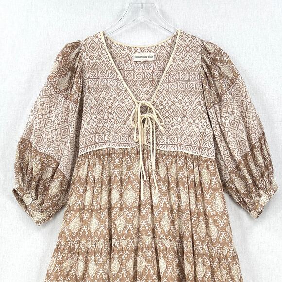 DAUGHTERS OF INDIA Jasmine Midi Dress Women Small White Brown Block Print Cotton - Picture 7 of 16